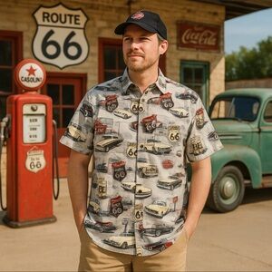 Bluff Creek Route 66 Print Button-Up Shirt XL Vintage Cars Travel Theme